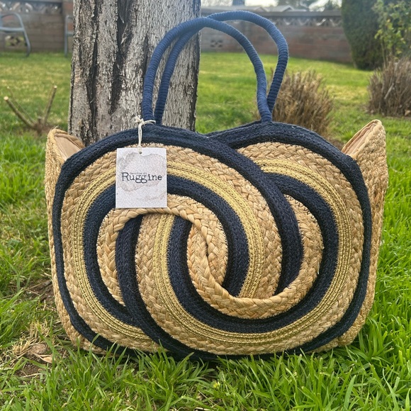 Jute Tote Straw Navy Blue and Tan Spiral Pattern Bag NWT - Picture 6 of 14